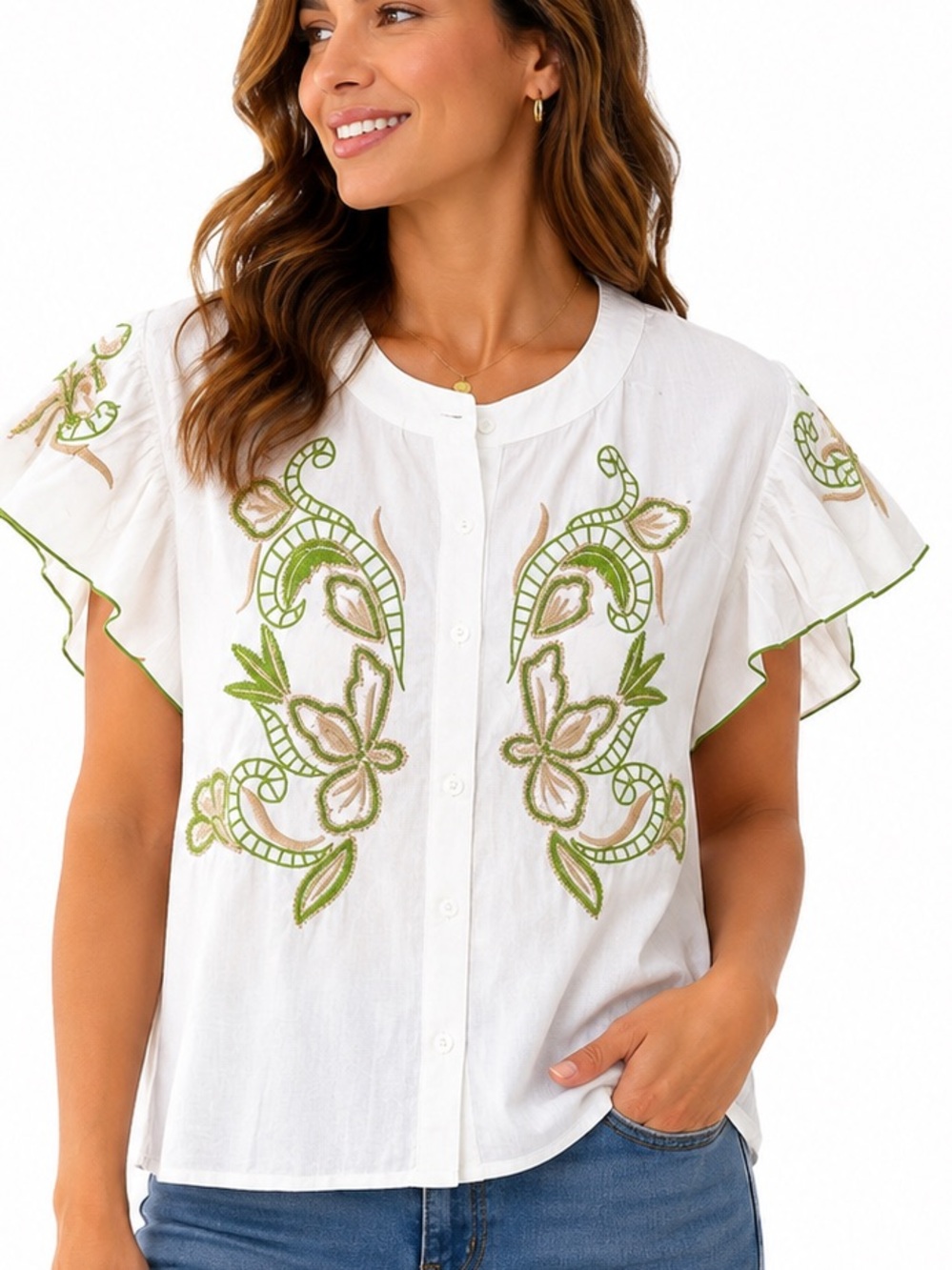 076.New Embroidered Flutter Sleeve Button-Front Top -cotton